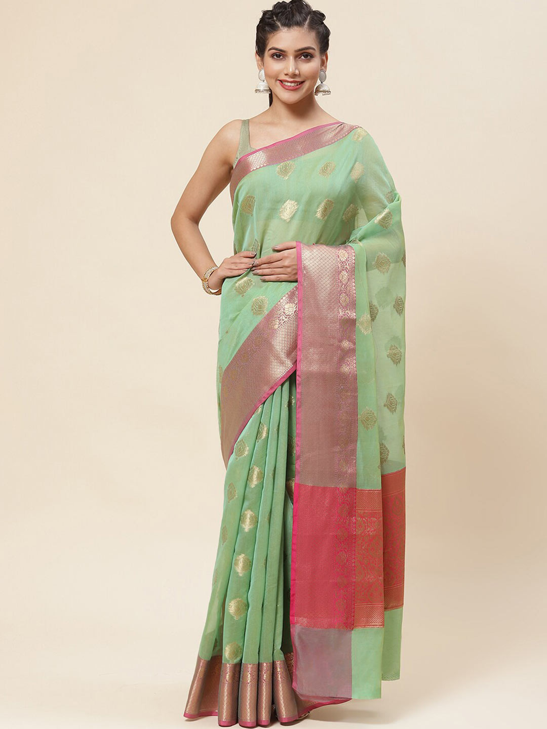

Meena Bazaar Ethnic Motifs Woven Design Zari Saree, Sea green