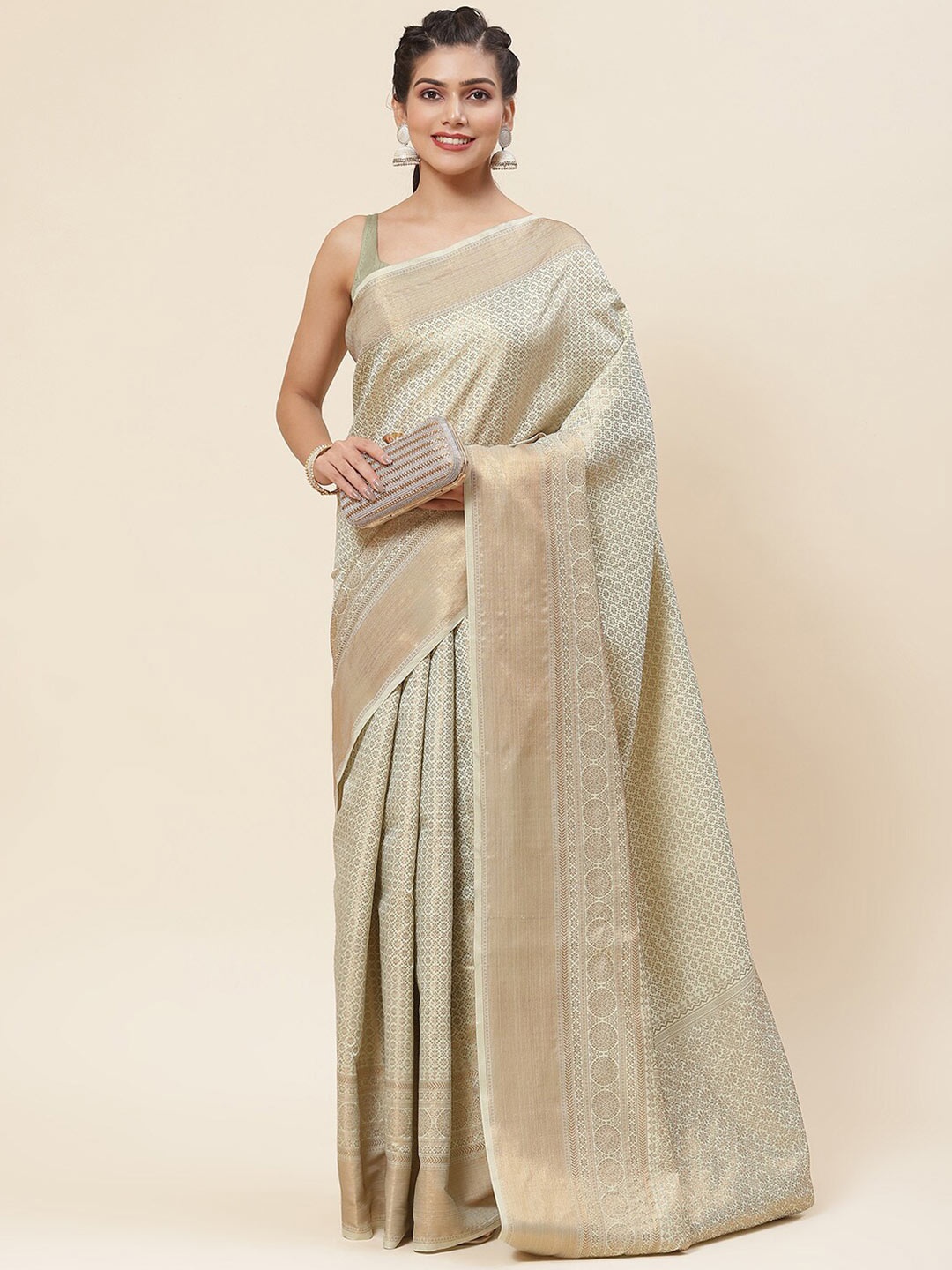 

Meena Bazaar Ethnic Motifs Woven Design Zari Saree, Green