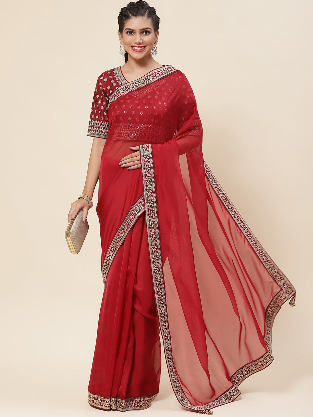 

Meena Bazaar Embroidered Border Organza Saree, Maroon