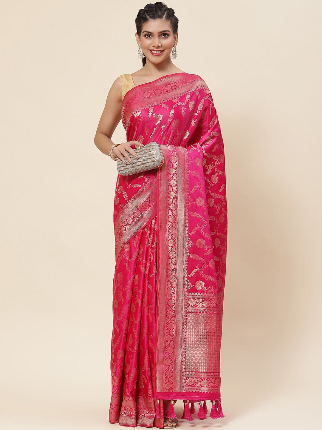 

Meena Bazaar Ethnic Motifs Woven Design Zari Satin Saree, Pink