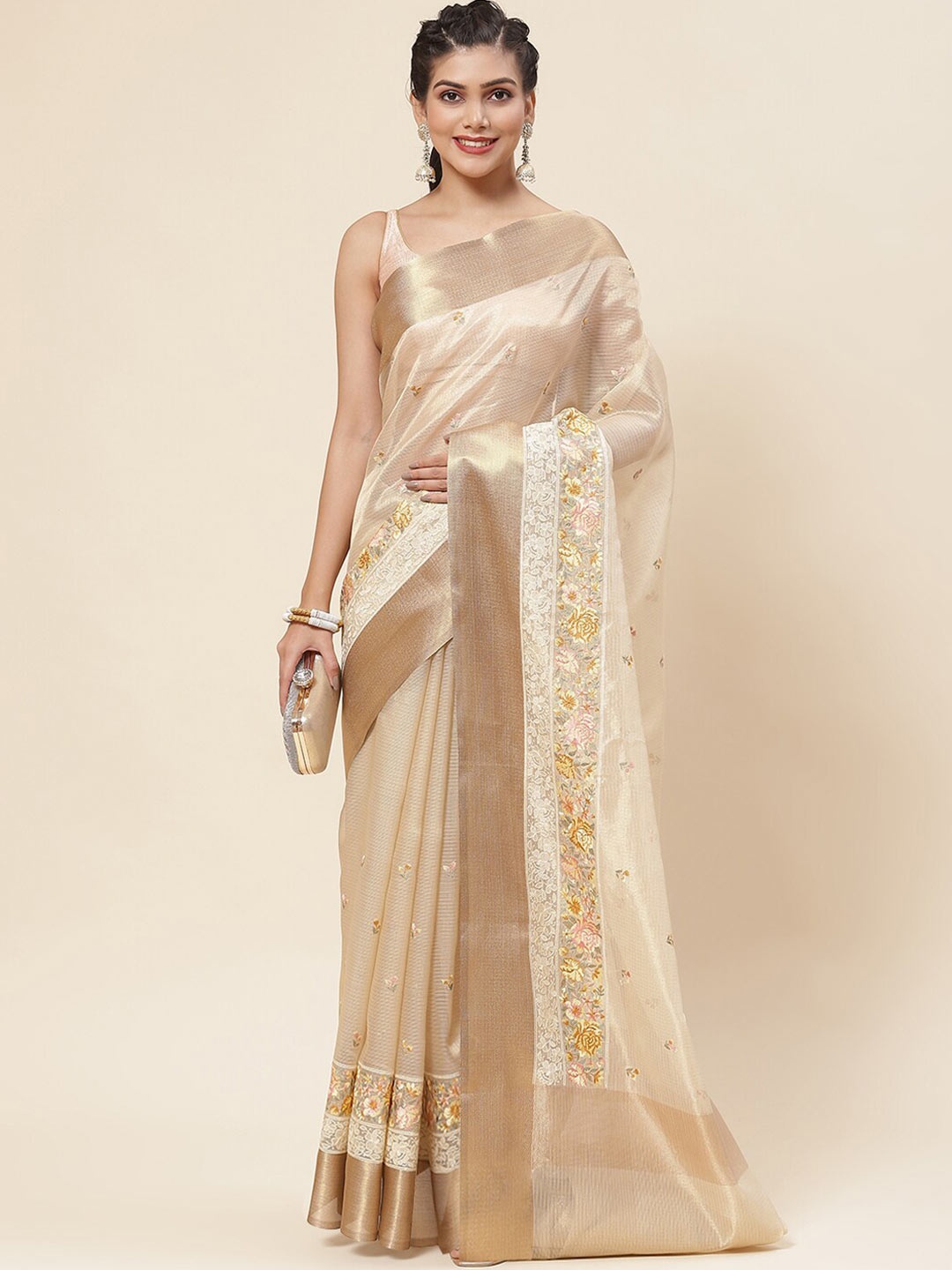 

Meena Bazaar Floral Embroidered Saree, Beige
