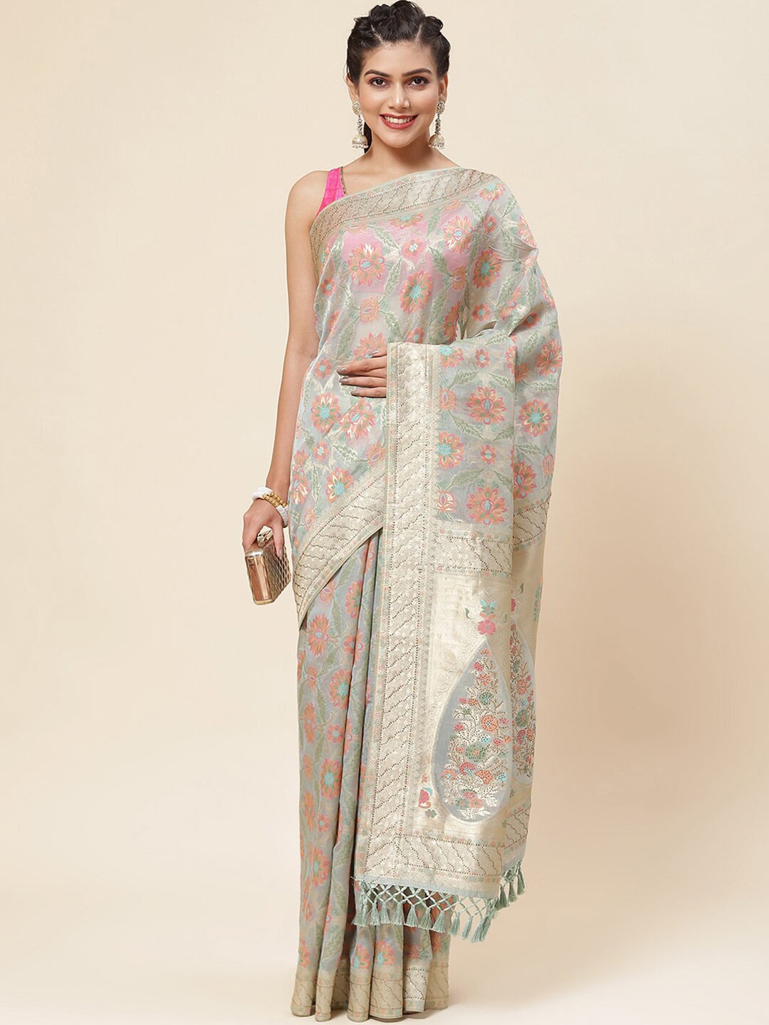 

Meena Bazaar Floral Woven Design Zari Organza Saree, Blue