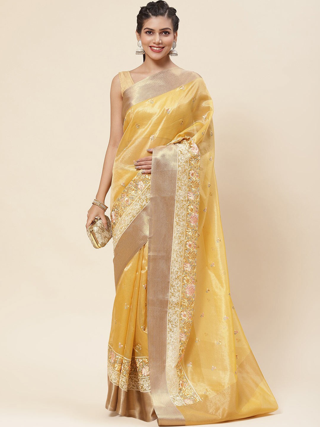 

Meena Bazaar Floral Embroidered Zari Saree, Mustard