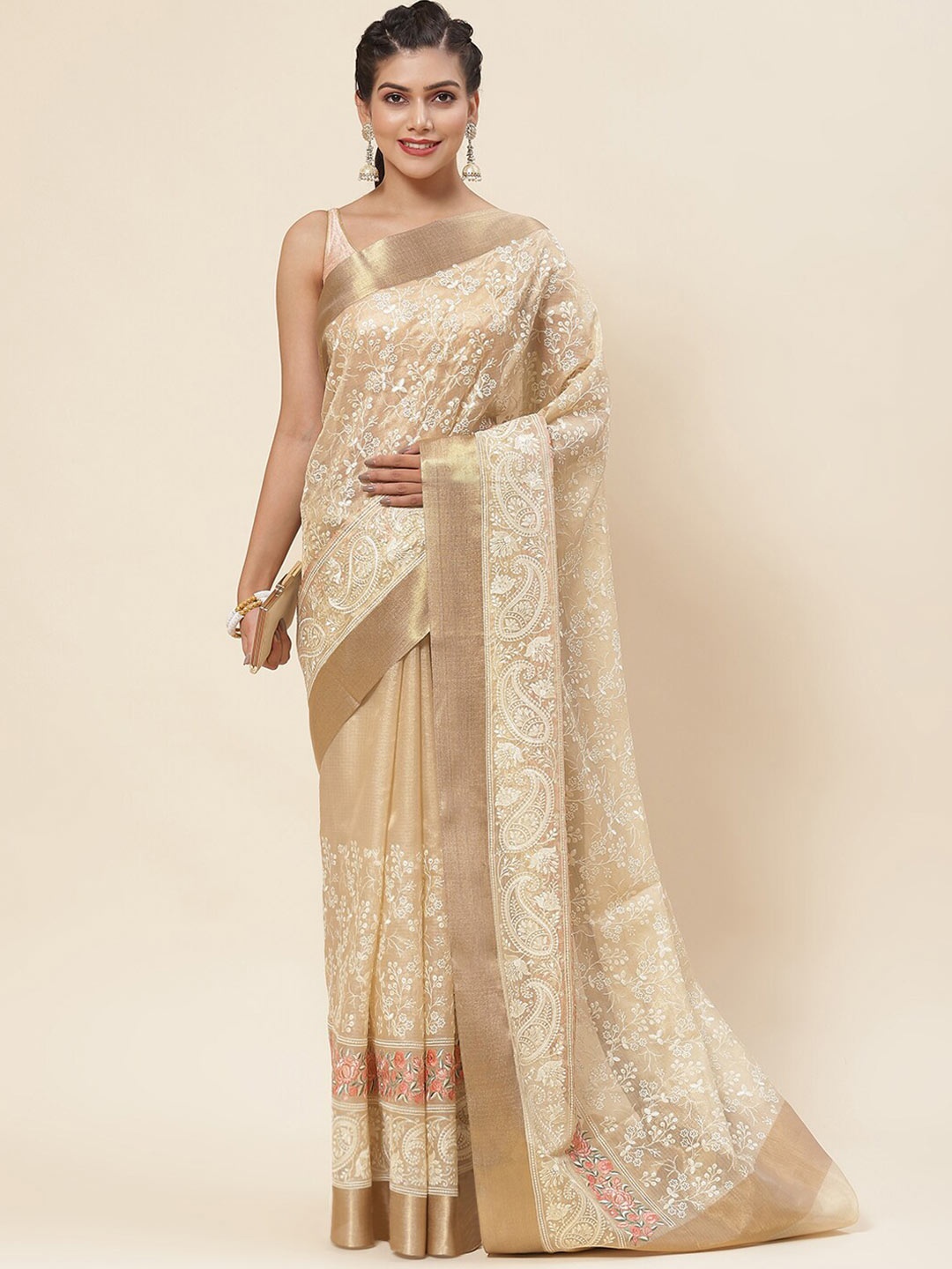 

Meena Bazaar Floral Embroidered Zari Saree, Beige