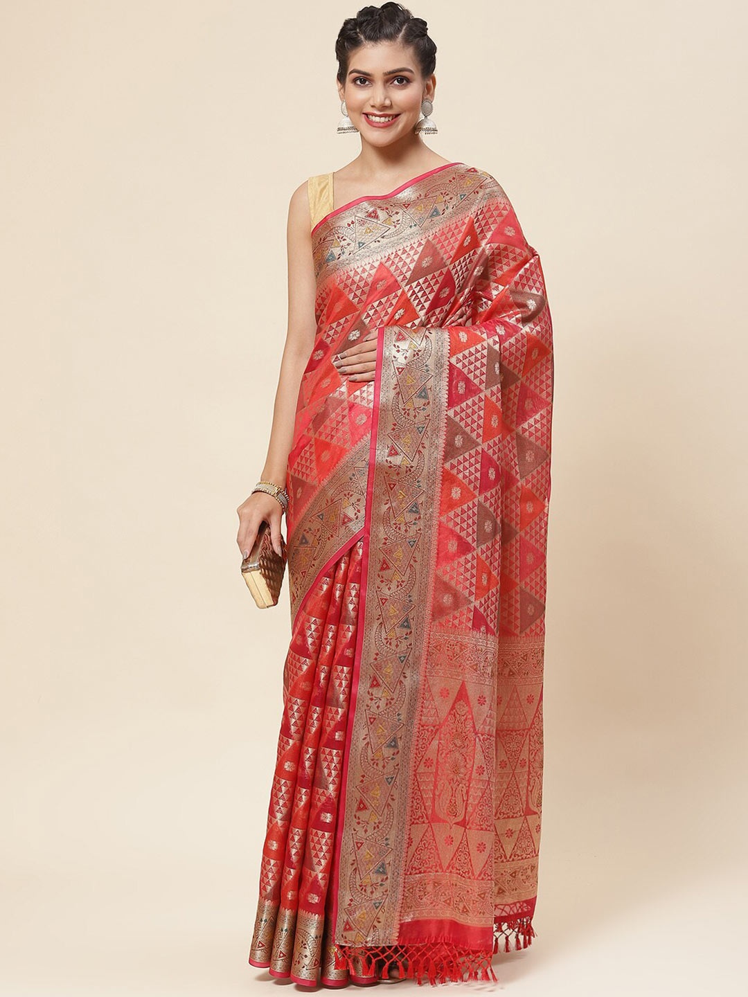 

Meena Bazaar Geometric Woven Design Zari Saree, Red