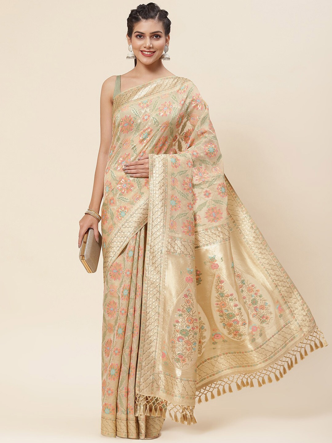 

Meena Bazaar Floral Woven Design Zari Organza Saree, Beige