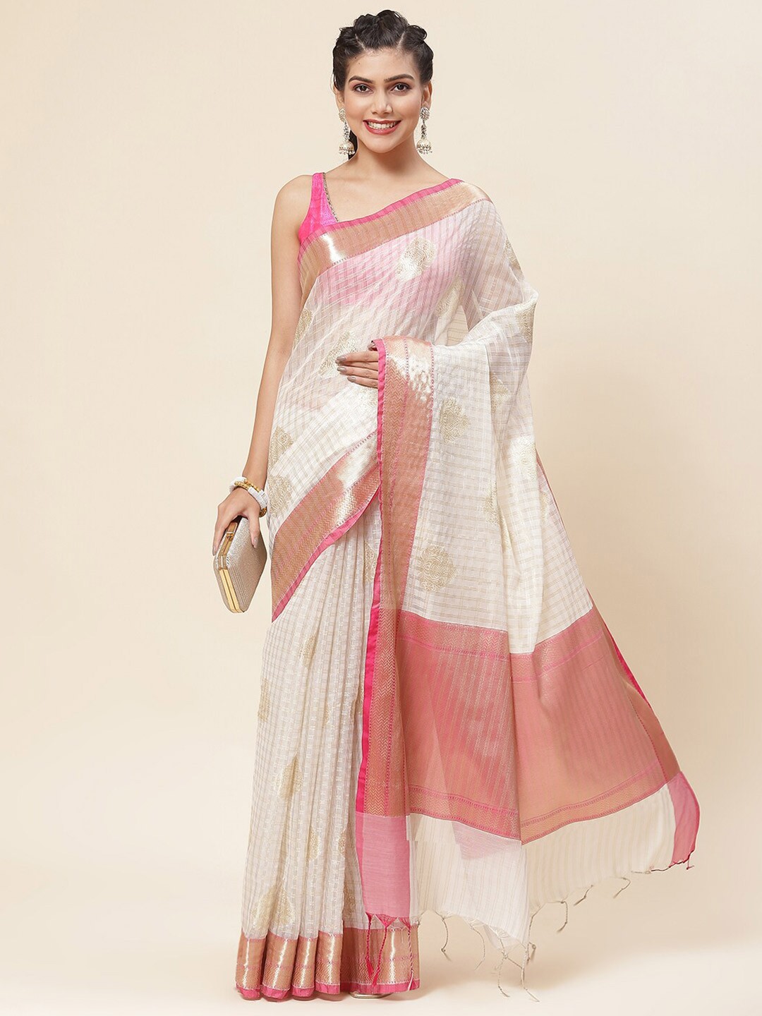 

Meena Bazaar Ethnic Woven Design Zari Saree, Cream