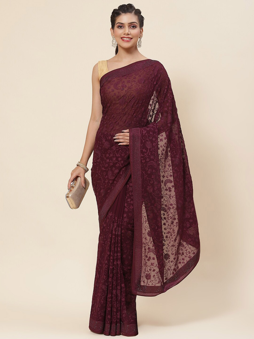 

Meena Bazaar Floral Embroidered Beads and Stones Saree, Burgundy