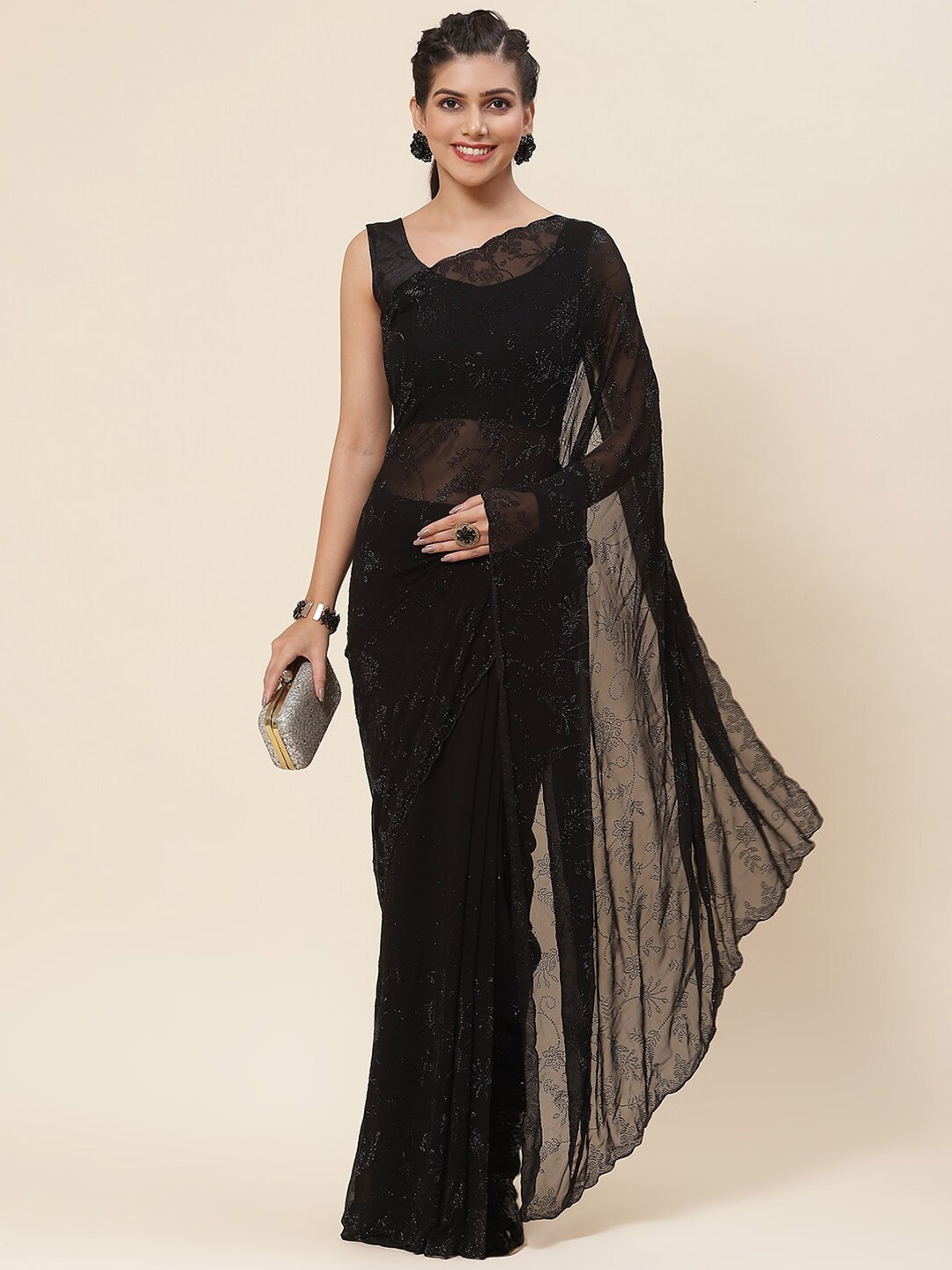 

Meena Bazaar Floral Embellsihed Beads and Stones Saree, Black