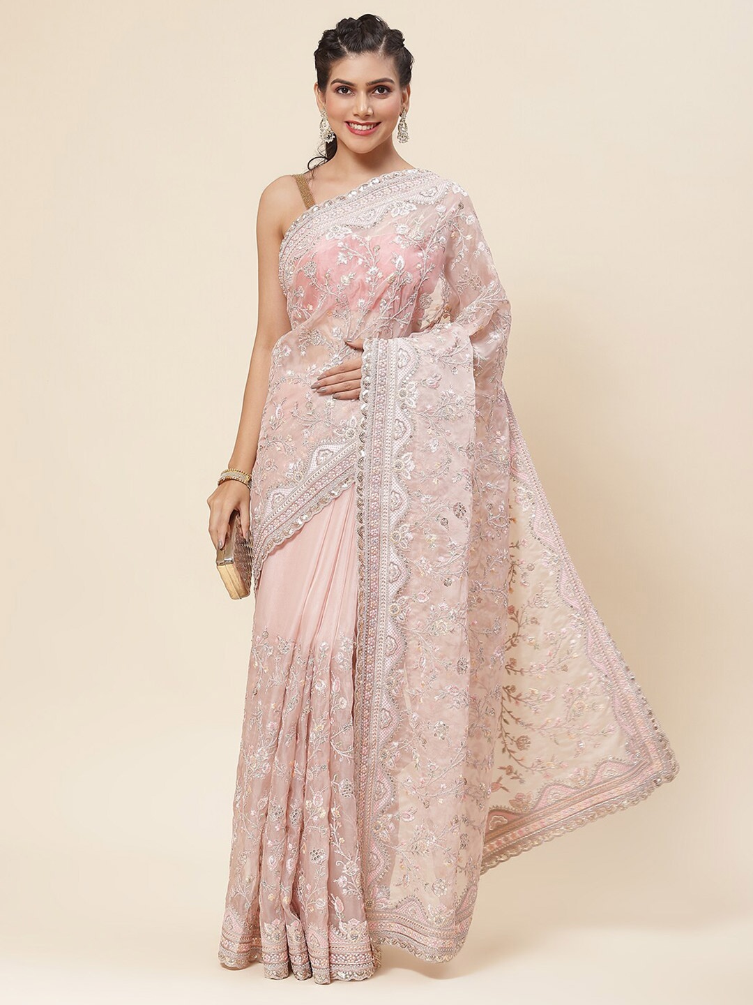 

Meena Bazaar Floral Embroidered Sequinned Organza Saree, Pink