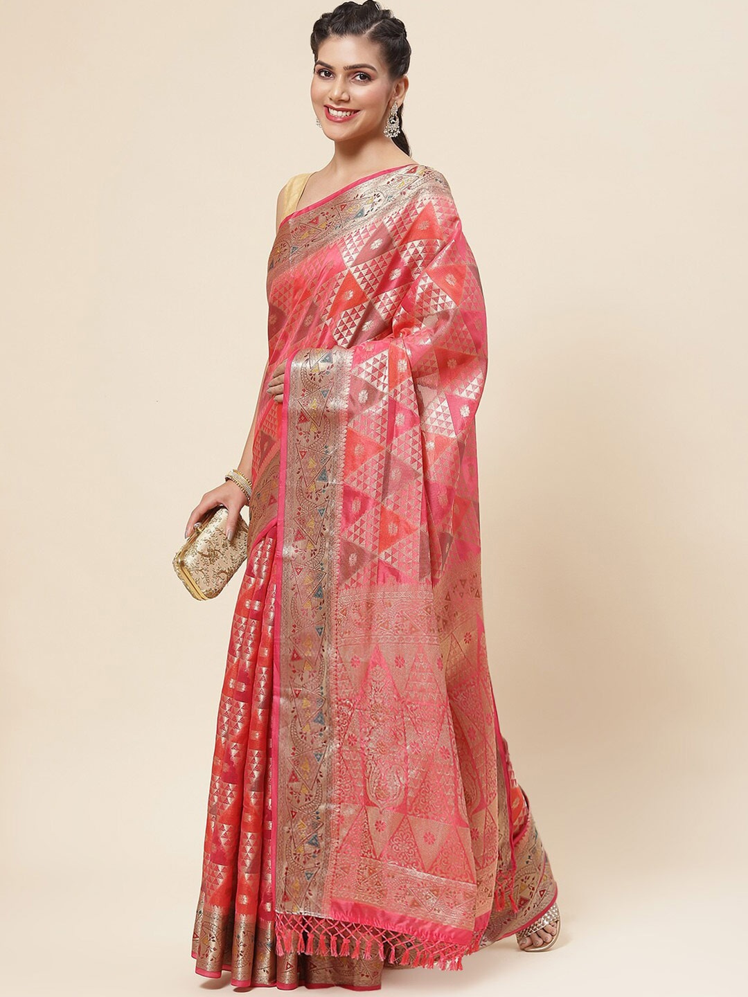 

Meena Bazaar Geometric Woven Design Zari Saree, Pink