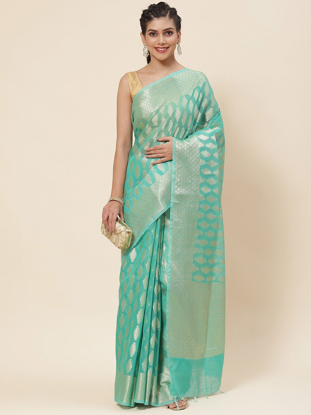 

Meena Bazaar Ethnic Woven Design Zari Saree, Sea green