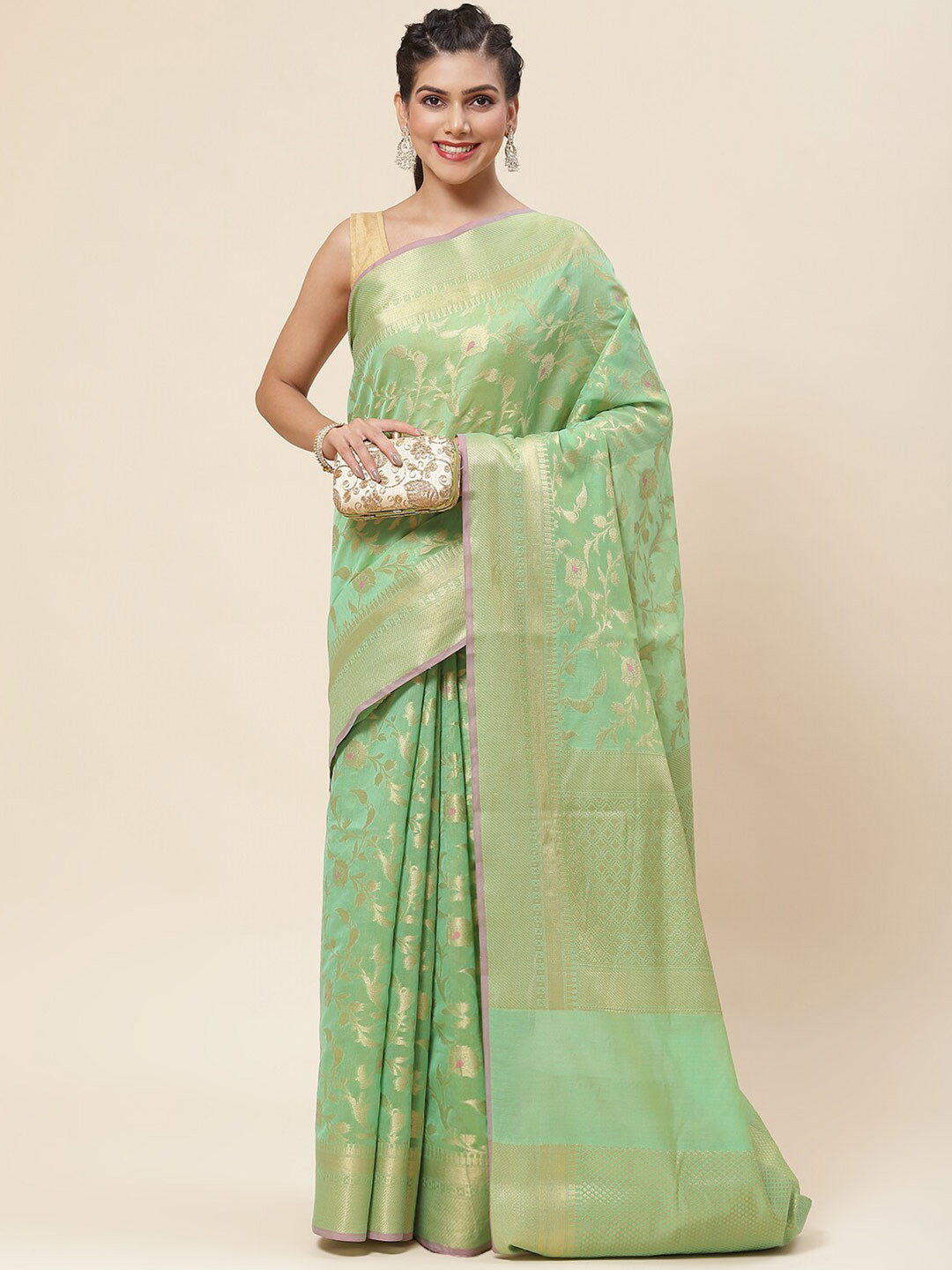 

Meena Bazaar Floral Woven Design Zari Saree, Green