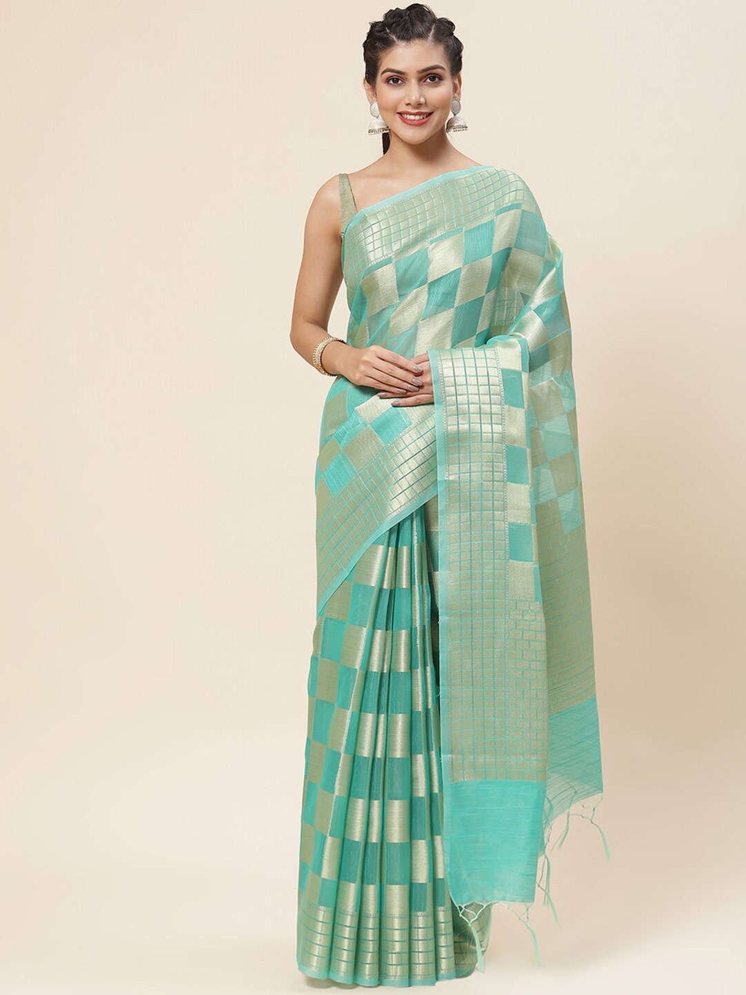 

Meena Bazaar Checked Woven Design Zari Saree, Sea green