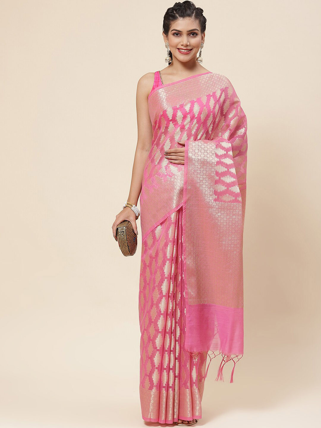 

Meena Bazaar Ethnic Woven Design Zari Saree, Pink