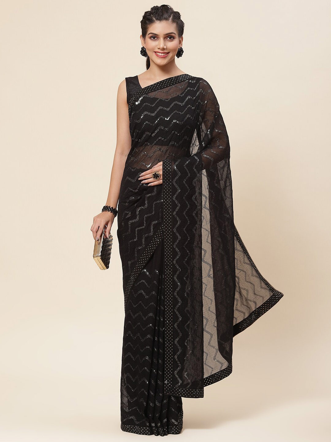 

Meena Bazaar Embellished Sequinned Saree, Black