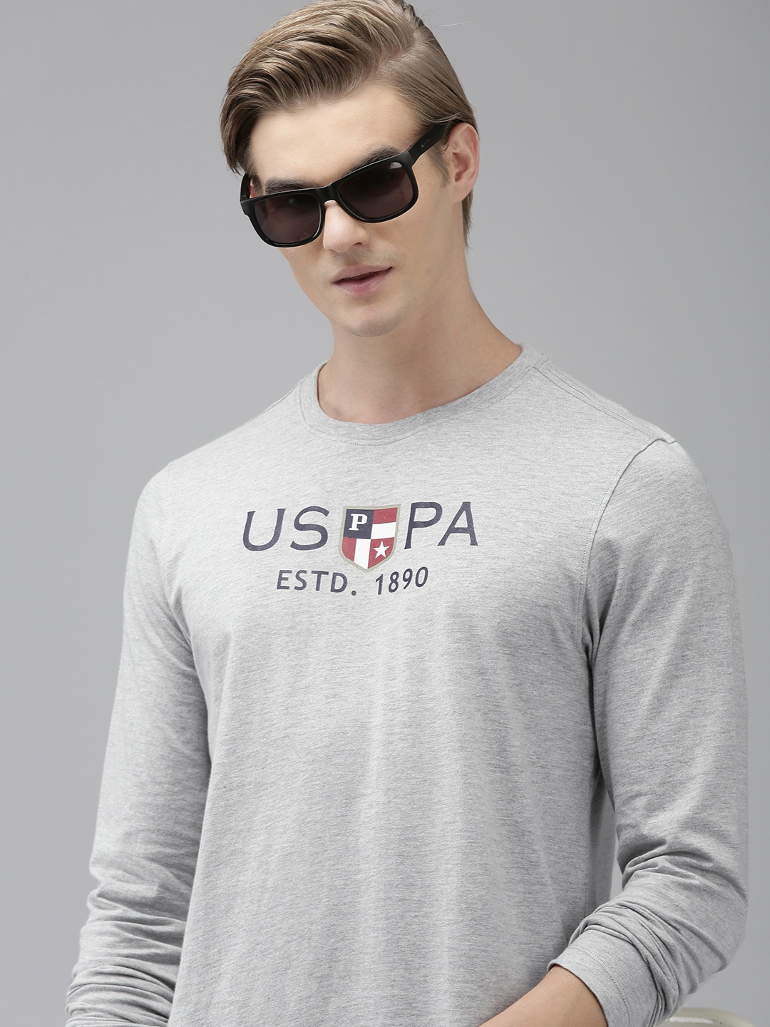 

U S Polo Assn Brand Logo Printed Pure Cotton Slim Fit T-shirt, Grey
