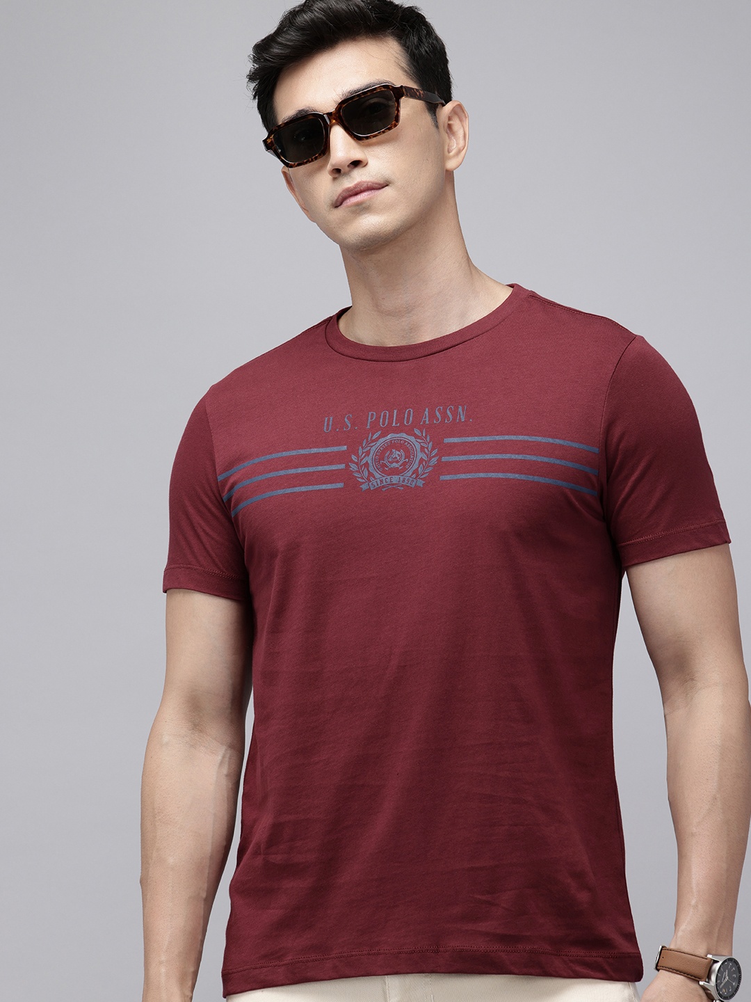 

U.S. Polo Assn. Pure Cotton Brand Logo Printed Slim Fit T-shirt, Maroon