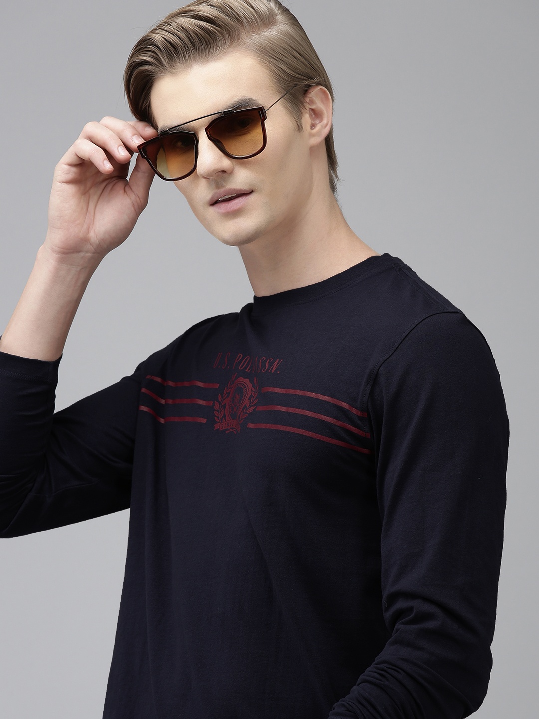 

U S Polo Assn. Brand Logo Printed Pure Cotton Slim Fit T-shirt, Blue