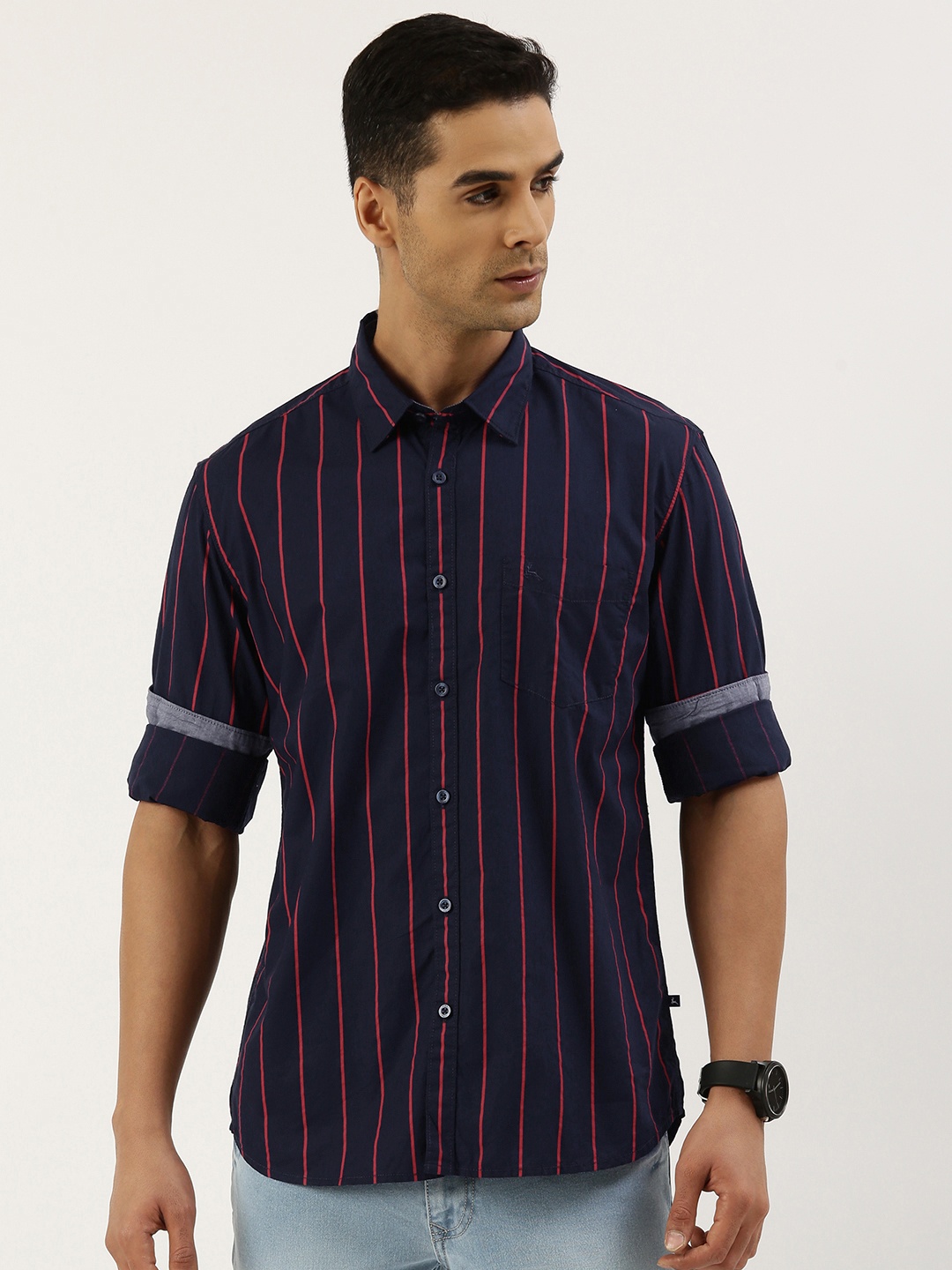 

Parx Slim Fit Pure Cotton Striped Casual Shirt, Red