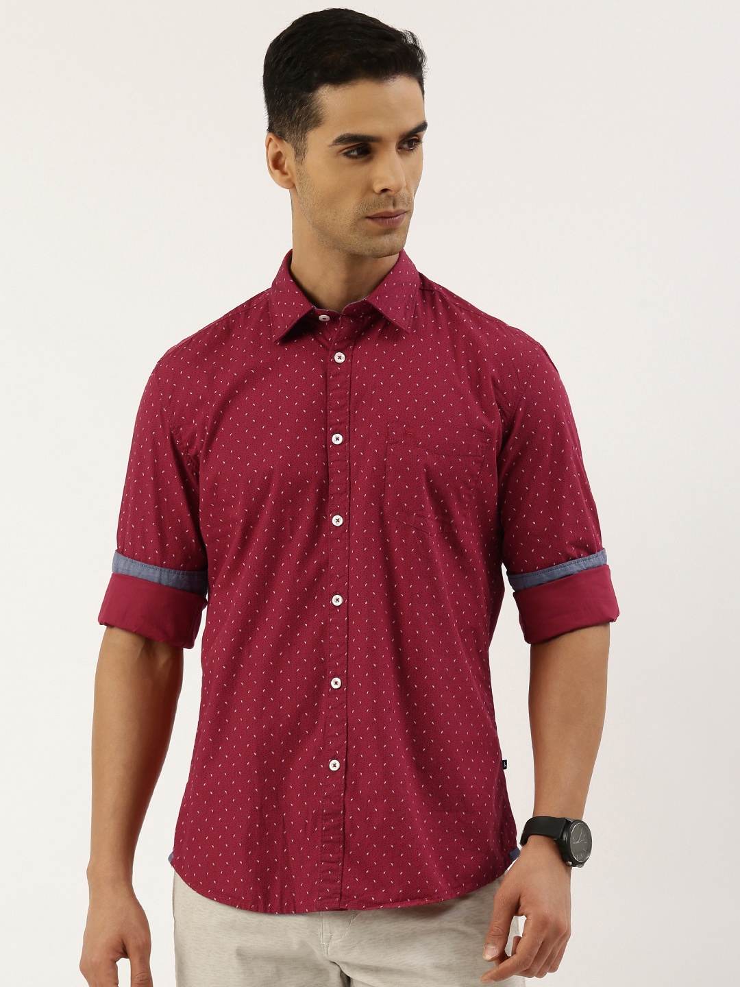

Parx Men Pure Cotton Slim Fit Micro Ditsy Opaque Printed Casual Shirt, Red