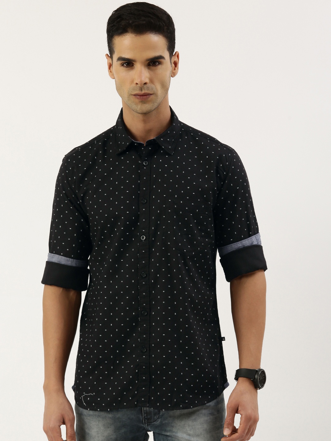 

Parx Pure Cotton Slim Fit Printed Casual Shirt, Black