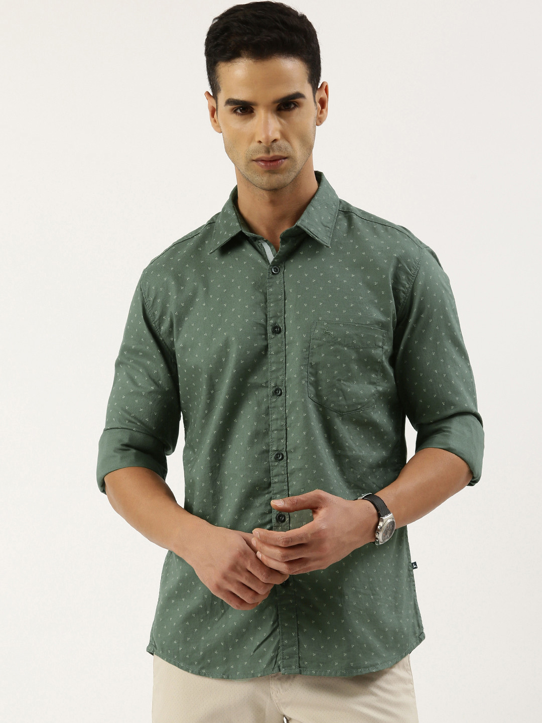 

Parx Self Design Slim Fit Pure Cotton Casual Shirt, Green