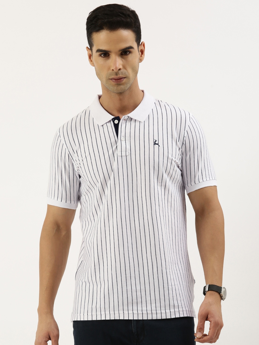 

Parx Vertical Striped Polo Collar Pure Cotton T-shirt, White