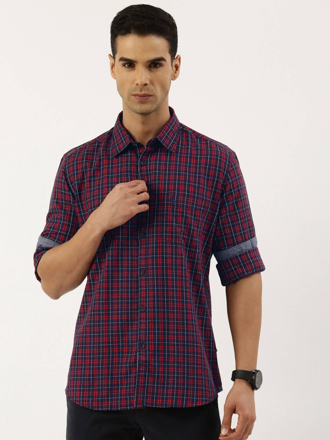 

Parx Men Pure Cotton Slim Fit Opaque Checked Casual Shirt, Red