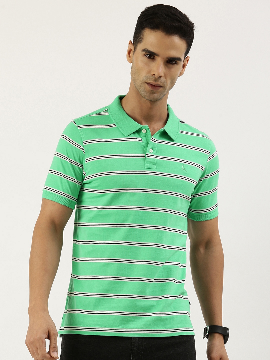 

Parx Striped Polo Collar Pure Cotton T-shirt, Sea green