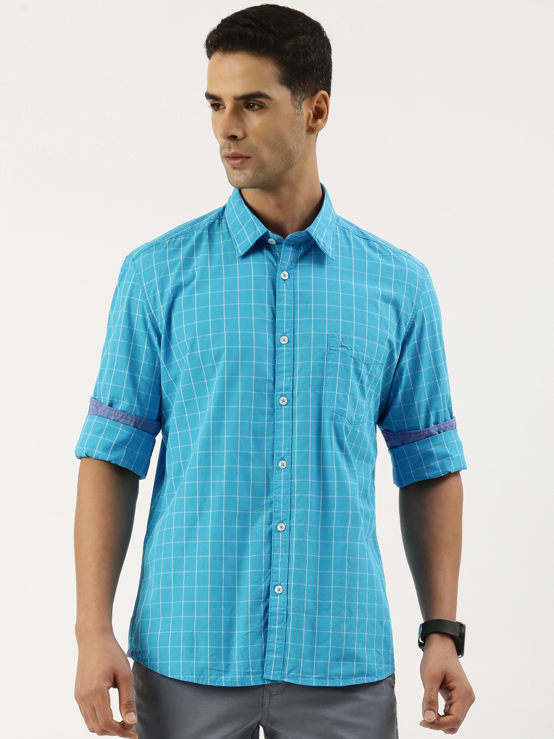 

Parx Slim Fit Pure Cotton Checked Casual Shirt, Blue