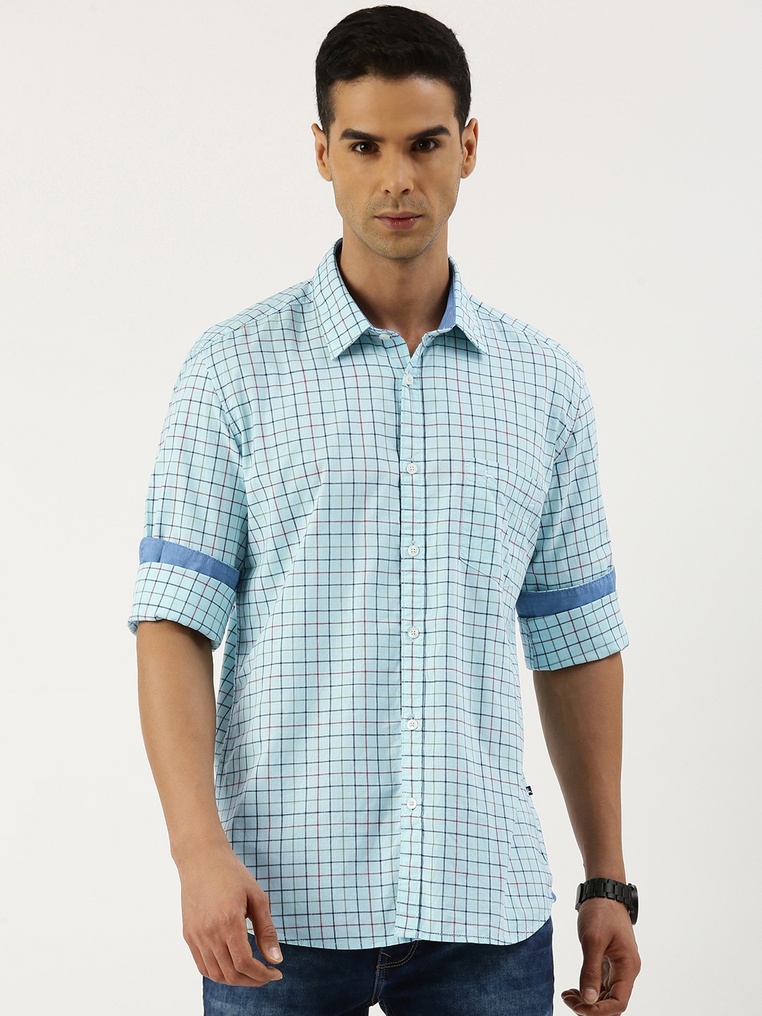 

Parx Slim Fit Checked Pure Cotton Formal Shirt, Blue