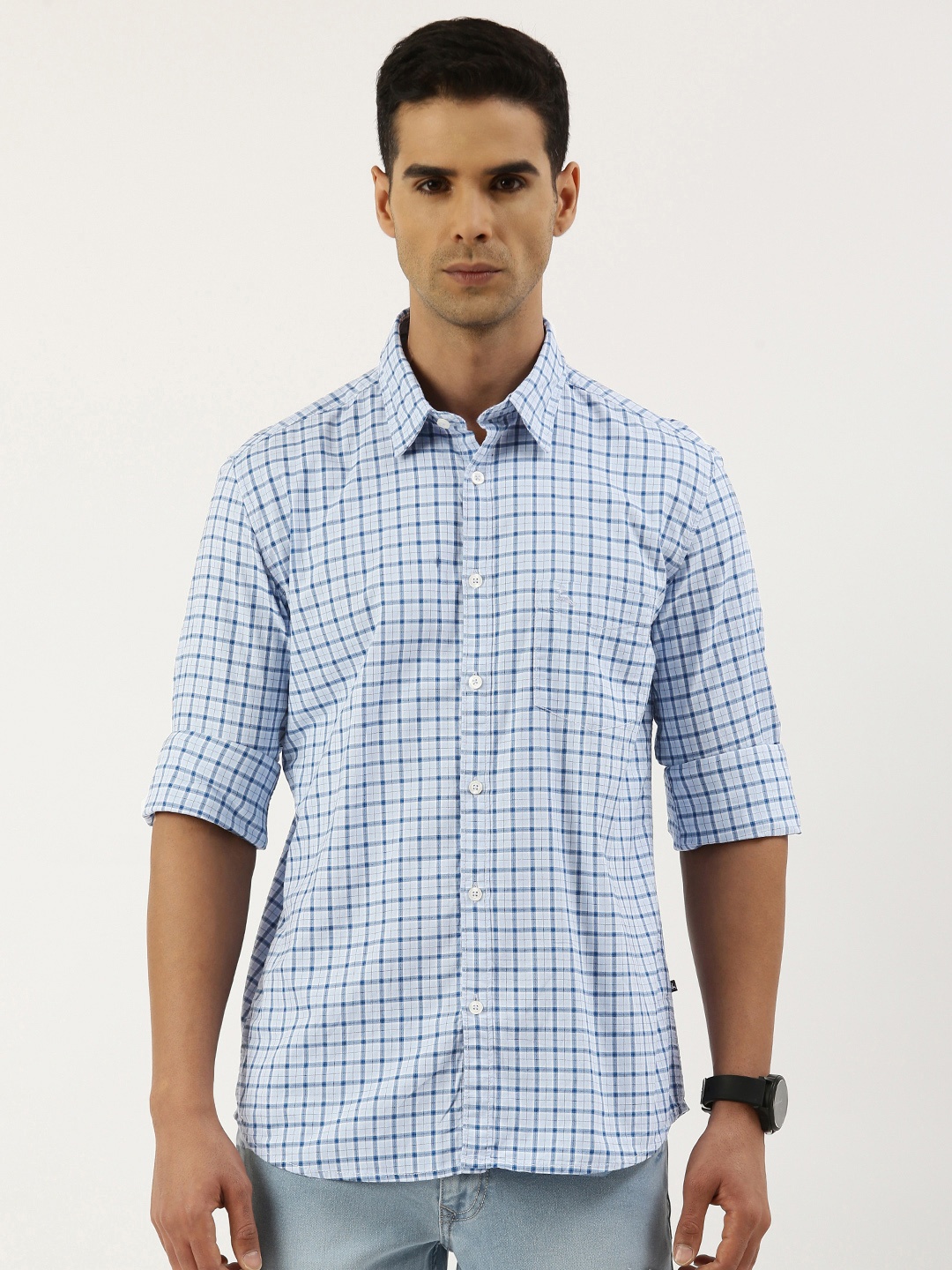 

Parx Slim Fit Pure Cotton Checked Casual Shirt, Blue