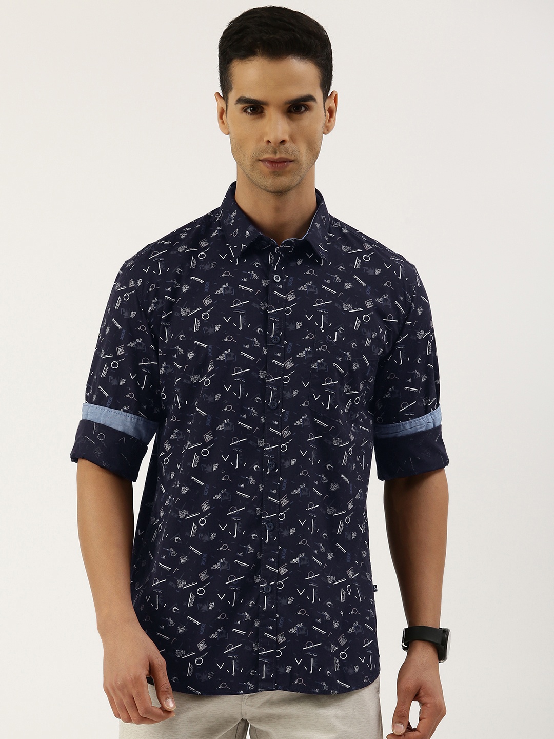 

Parx Men Pure Cotton Slim Fit Opaque Printed Casual Shirt, Navy blue