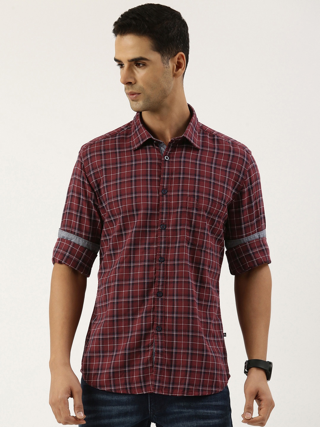 

Parx Slim Fit Pure Cotton Checked Casual Shirt, Maroon