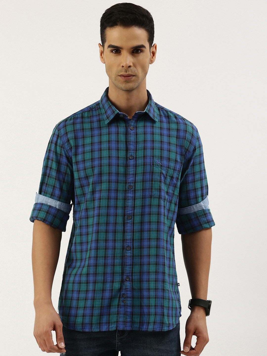

Parx Pure Cotton Slim Fit Checked Casual Shirt, Blue