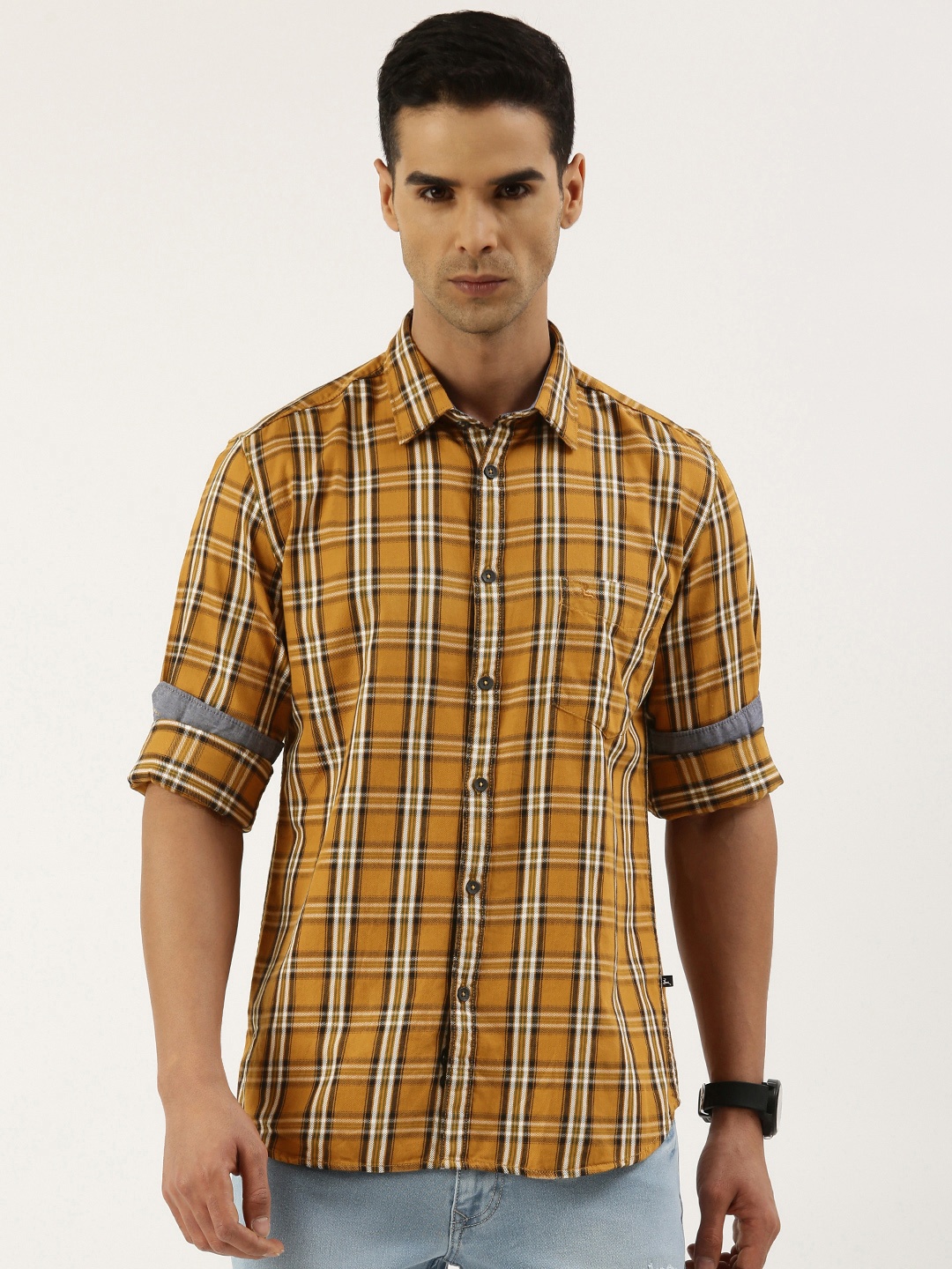 

Parx Slim Fit Pure Cotton Checked Casual Shirt, Mustard