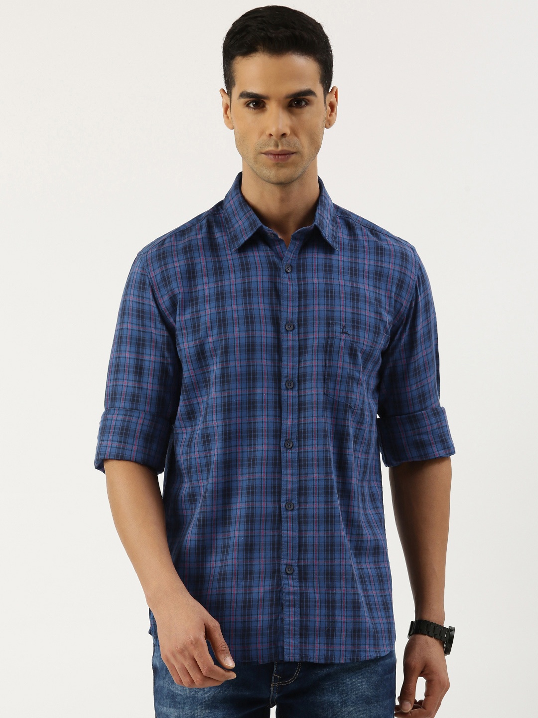 

Parx Pure Cotton Slim Fit Checked Casual Shirt, Blue