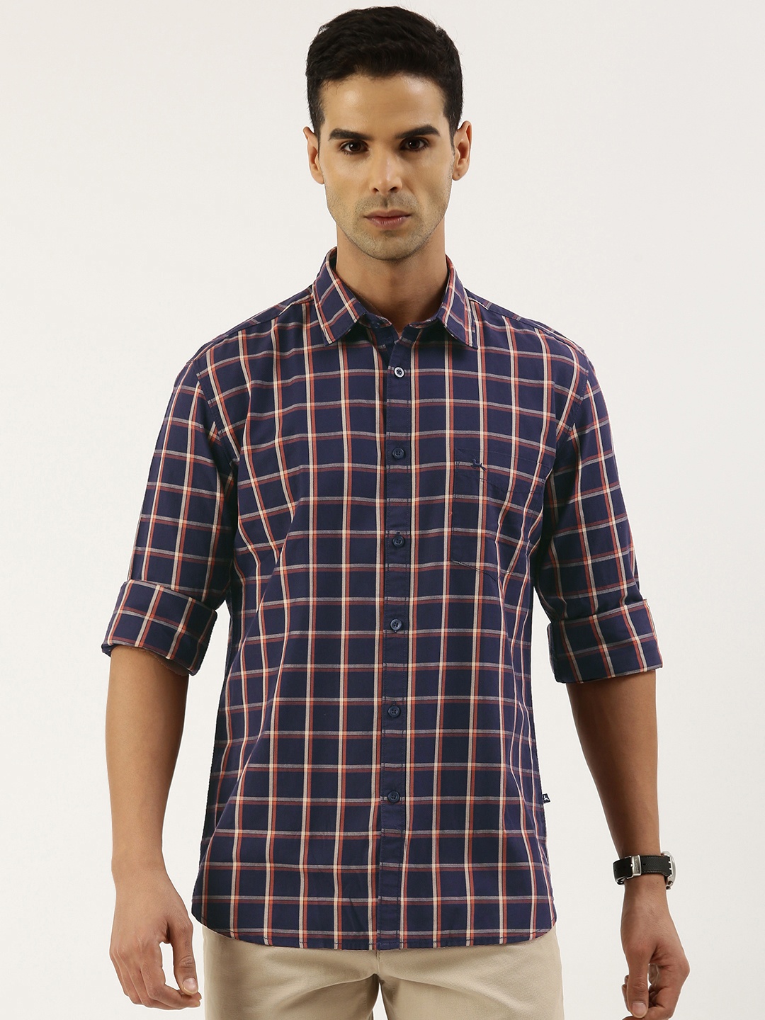 

Parx Men Pure Cotton Slim Fit Opaque Checked Casual Shirt, Navy blue