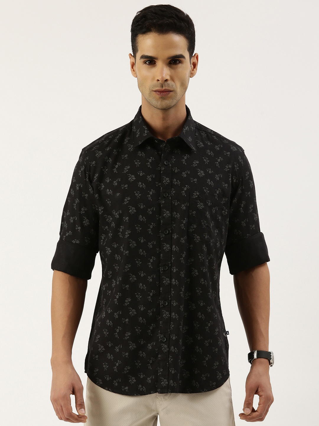 

Parx Pure Cotton Slim Fit Floral Printed Casual Shirt, Black