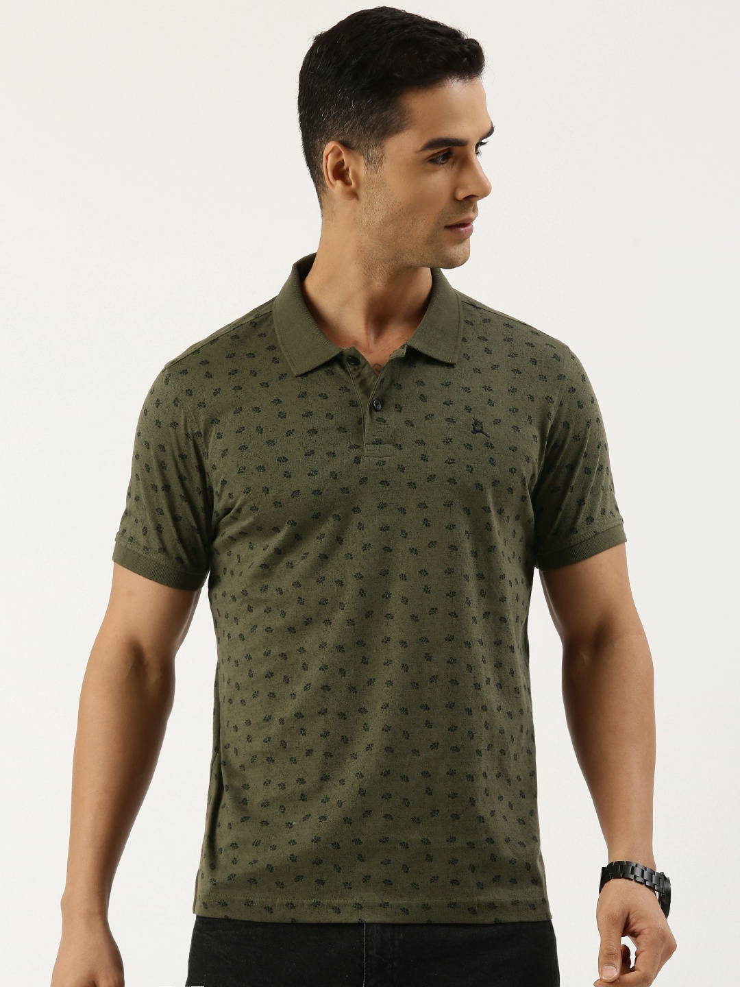 

Parx Floral Printed Polo Collar Pure Cotton T-shirt, Olive