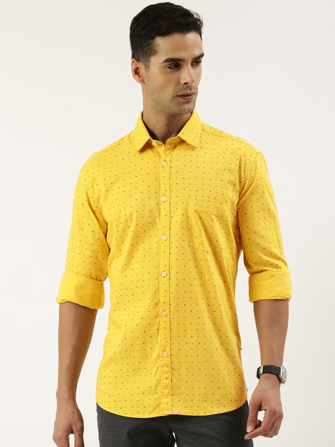 

Parx Pure Cotton Slim Fit Floral Printed Casual Shirt, Yellow
