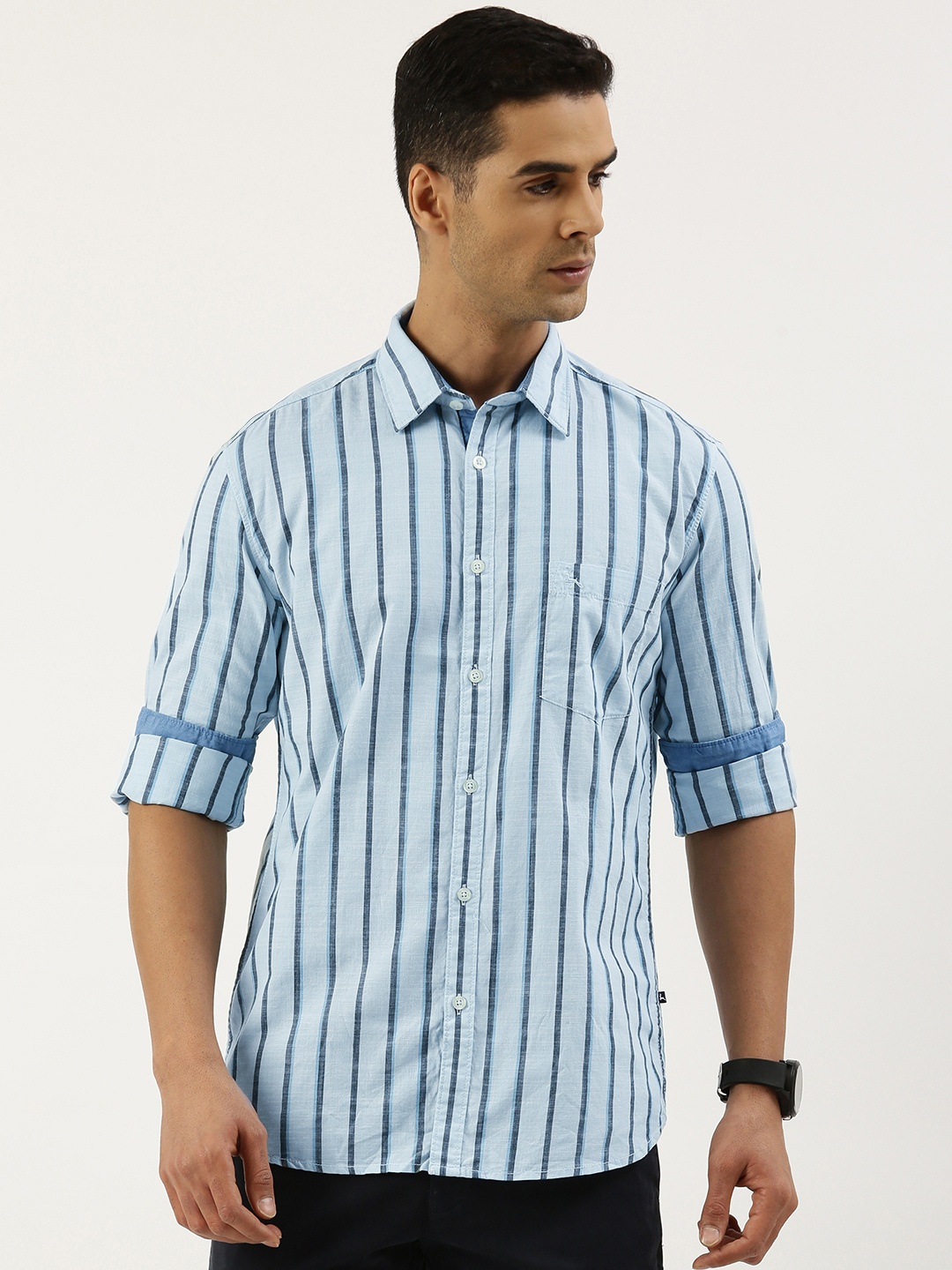 

Parx Men Pure Cotton Slim Fit Opaque Striped Casual Shirt, Blue