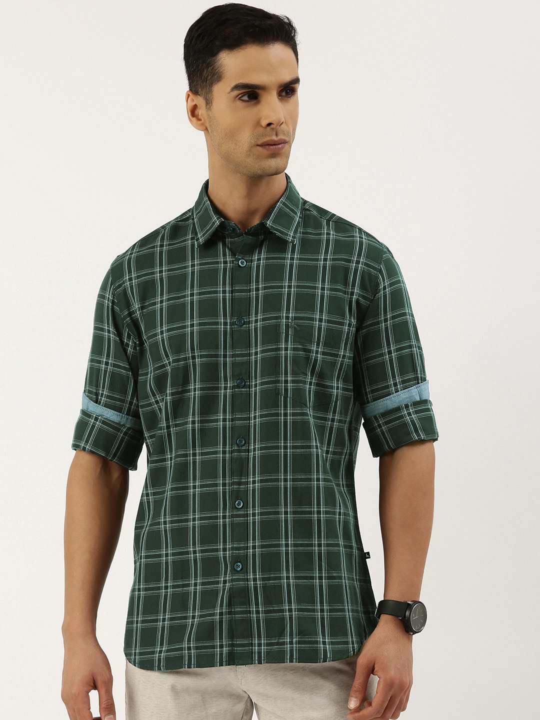 

Parx Men Pure Cotton Slim Fit Opaque Checked Casual Shirt, Green