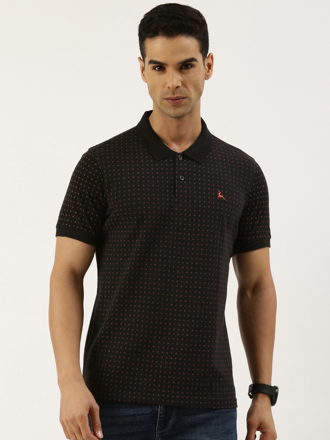 

Parx Geometric Printed Polo Collar Pure Cotton T-shirt, Black