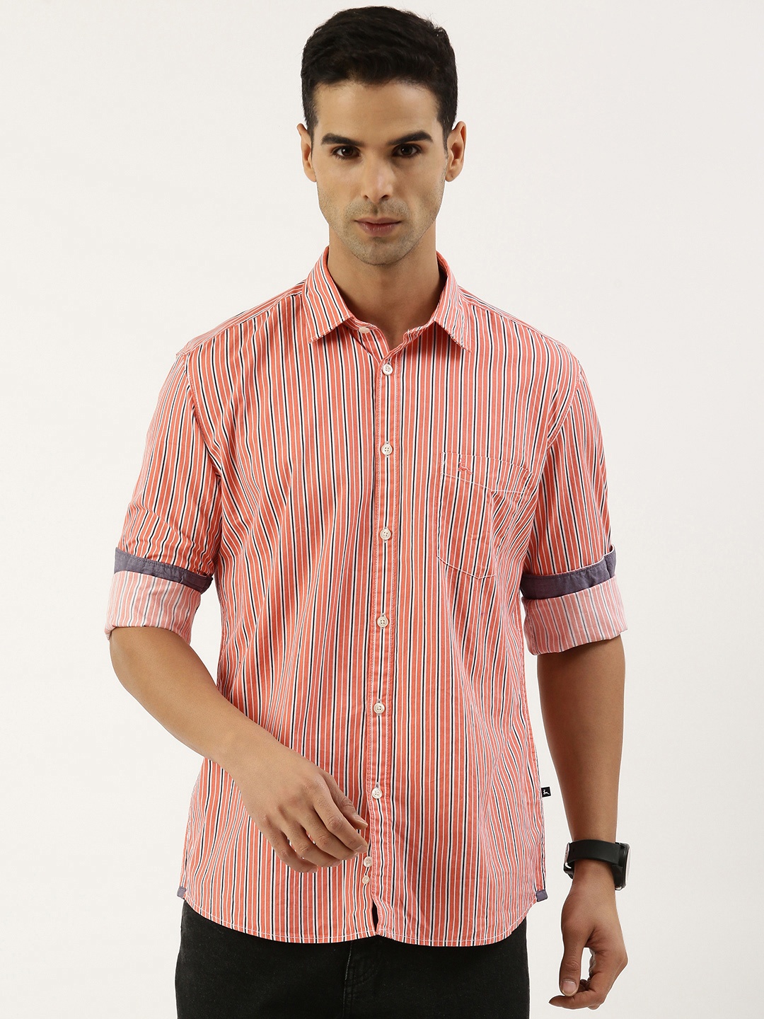 

Parx Slim Fit Pure Cotton Striped Casual Shirt, Peach