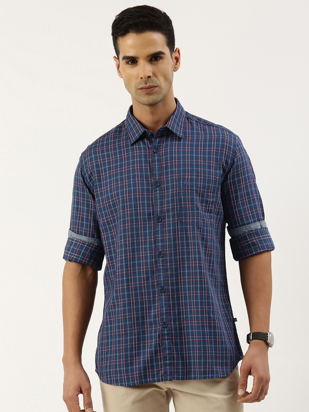 

Parx Men Pure Cotton Slim Fit Opaque Checked Casual Shirt, Blue