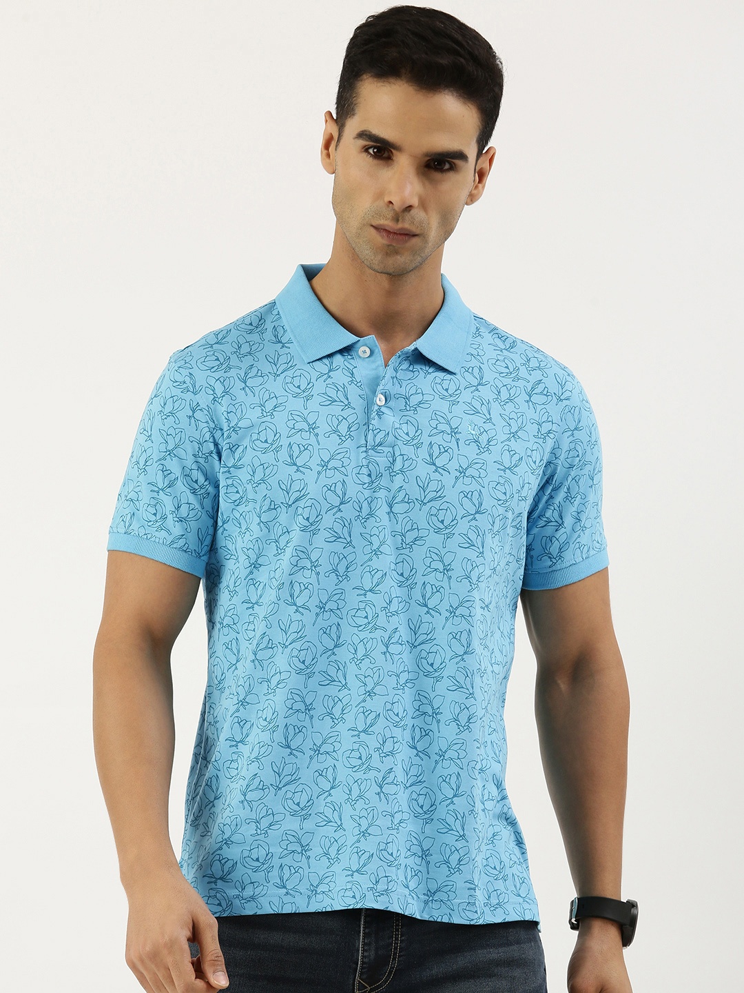 

Parx Floral Printed Polo Collar Pure Cotton T-shirt, Blue