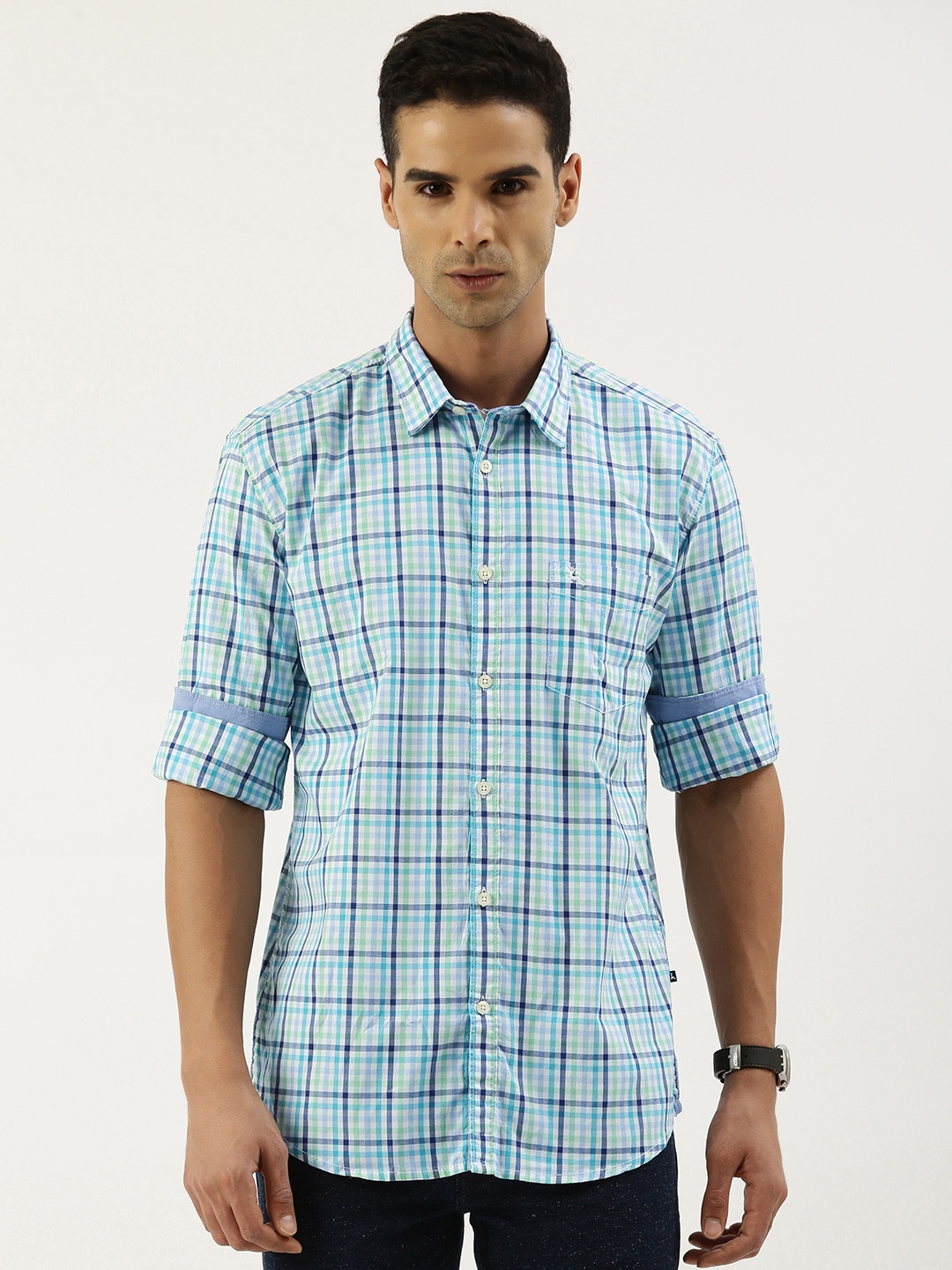 

Parx Pure Cotton Slim Fit Checked Casual Shirt, Blue