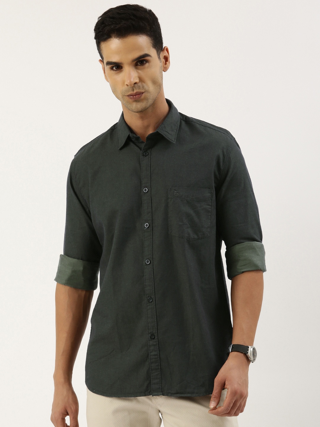 

Parx Solid Slim Fit Pure Cotton Casual Shirt, Green